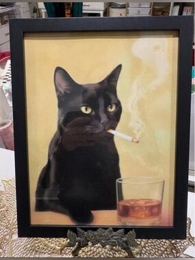 Cool Black Cat Smoking Framed 8x10 Art